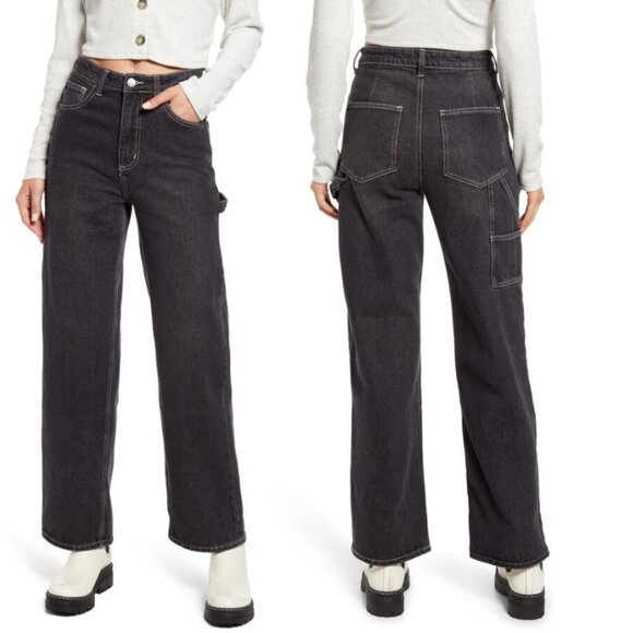 BP. - Faded Black Wash - Contrast Stitch Wide Leg Carpenter Jeans - 24 - Picture 1 of 8